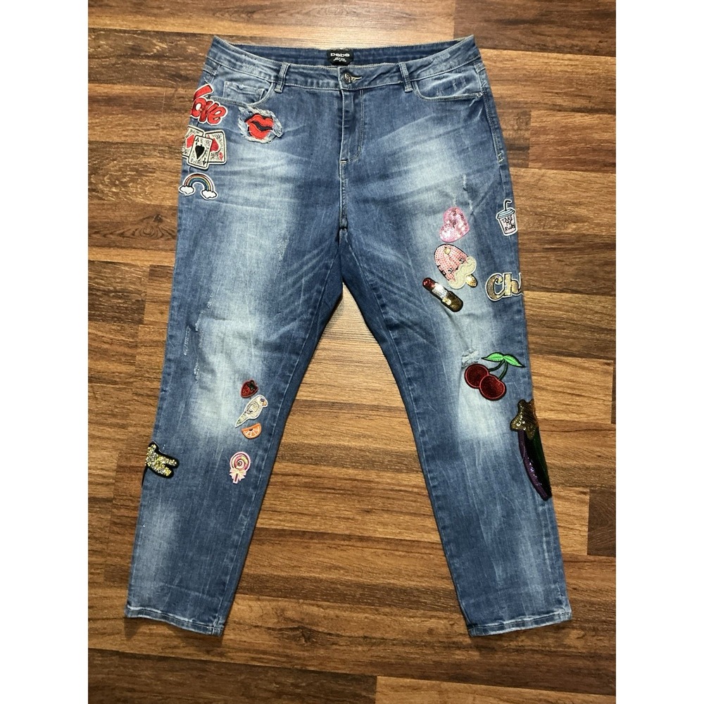 Bebe Y2K GOSSIP Sequin Patch Bedazzled Bling Skinny Jeans Size 32 Low Rise